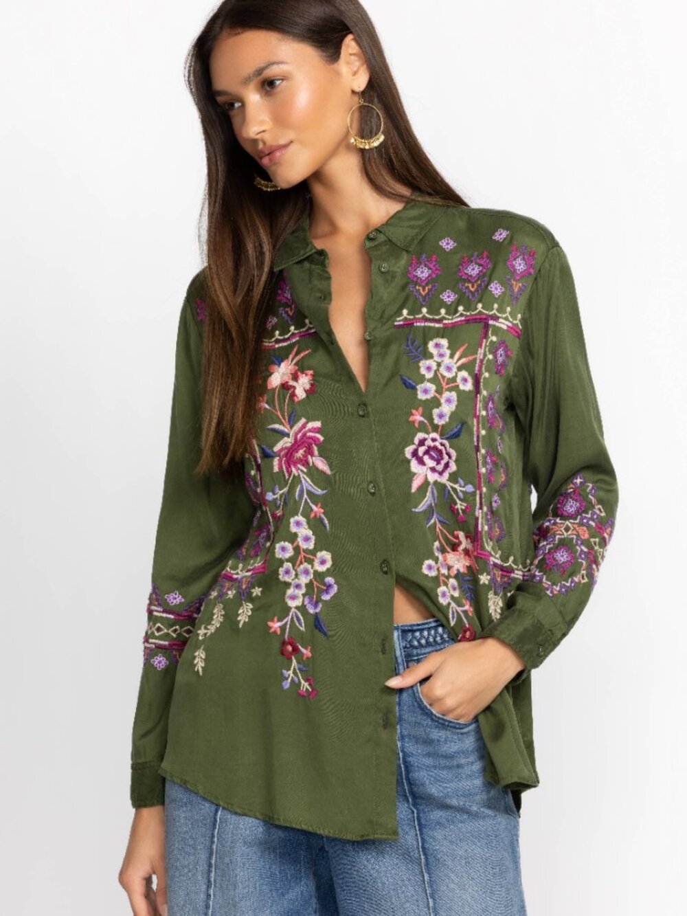 Johnny Was Curacao Embroidered Floral Oversized Tunic Shirt SZ Small ~ Dark Army